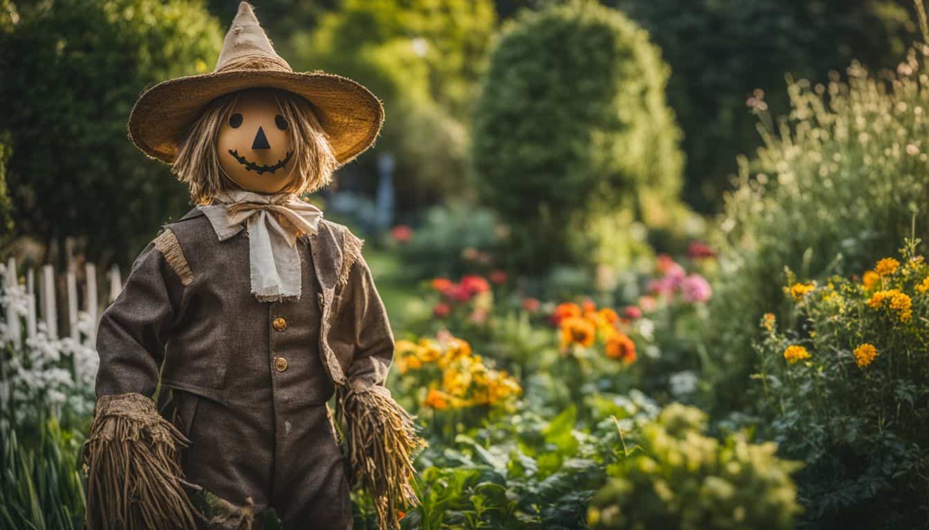 A scarecrow surrounded by deterrents in a lush garden setting.