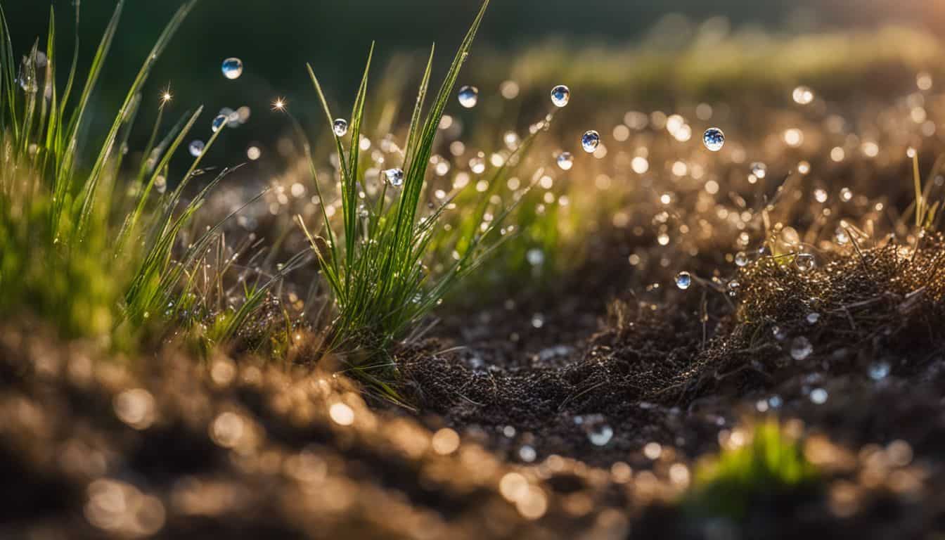 A close-up photo of various grass seeds in soil with dew drops.